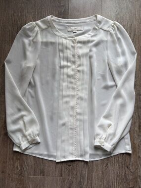 LOFT Cream Pintuck Blouse with Lace Trim